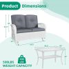 2 Piece White PE Wicker Glider Loveseat Bench with Grey Cushion and Coffee Table
