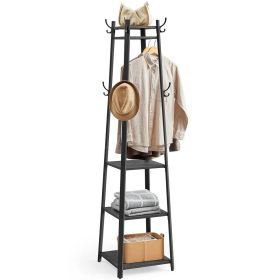 Modern Farmhouse Metal Coat Rack Entryway Hall Tree with Grey Wood Shelves (Color: Black)