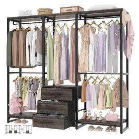 Heavy Duty Freestanding Garment Rack Closet Wardrobe with 3 Drawers (Color: Black Oak)