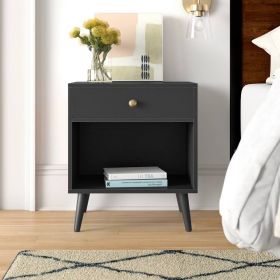 Mid-Century Farmhouse 1-Drawer Nightstand with Open Shelf Wood Finish (Color: Black)