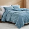 3-Piece Blue Velvet Embroidered Super Soft Quilt Set