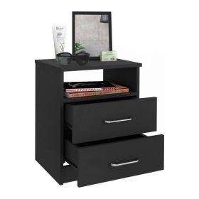Modern 2-Drawer Nightstand End Table with Open Shelf in Wood Finish (Color: Black)