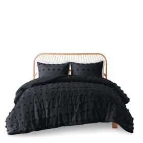3 Piece Pompom Microfiber Hypoallergenic Comforter Set in Black (size: King/Cal King)