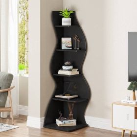 Modern 5 Shelf Corner Bookcase in Wood Finish (Color: Black)