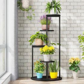 5-Tier Indoor Plant Stand with Metal Frame and Brown Wood Finish Shelves (Color: Black)