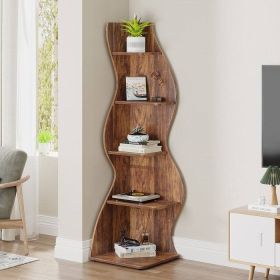 Modern Wave Shape 5 Shelf Corner Bookcase in Wood Finish (Color: Brown)