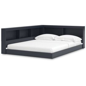 Wooden Corner Storage Bed with Bookcase Headboard and USB Ports (Color: Blue, size: Full)