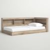 Natural Wood Corner Storage Bed with Bookcase Headboard and USB Ports