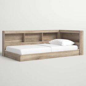 Natural Wood Corner Storage Bed with Bookcase Headboard and USB Ports (size: Full)