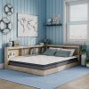 Natural Wood Corner Storage Bed with Bookcase Headboard and USB Ports