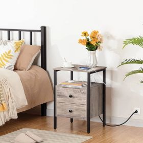 Modern Black Metal Nightstand with Grey Wood Finish Drawers and Shelf (Color: Black)