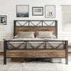 Vintage Industrial Metal Wood Platform Bed Frame with Headboard Footboard