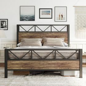 Vintage Industrial Metal Wood Platform Bed Frame with Headboard Footboard (size: King)