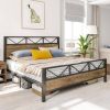 Vintage Industrial Metal Wood Platform Bed Frame with Headboard Footboard