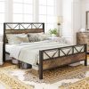 Vintage Industrial Metal Wood Platform Bed Frame with Headboard Footboard