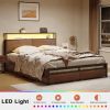 Platform Bed with Headboard and Storage Drawers in Brown Wood Finish