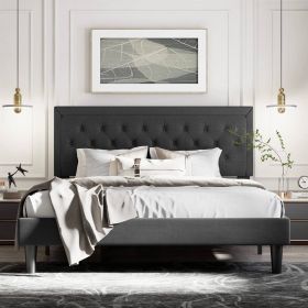 King Black Linen Upholstered Platform Bed Frame with Button-Tufted Headboard (size: King)