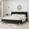 Mid-Century Black Linen Platform Bed Frame with Upholstered Headboard