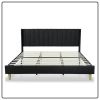 Mid-Century Black Linen Platform Bed Frame with Upholstered Headboard