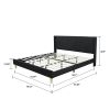 Mid-Century Black Linen Platform Bed Frame with Upholstered Headboard