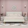 Mid-Century Platform Bed Frame with Cream Velvet Upholstered Headboard