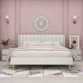 Mid-Century Platform Bed Frame with Cream Velvet Upholstered Headboard (Color: Cream Velvet, size: King)