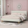 Mid-Century Platform Bed Frame with Cream Velvet Upholstered Headboard