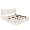 Mid-Century Platform Bed Frame with Cream Velvet Upholstered Headboard