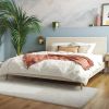 Mid-Century Off-White Velvet Upholstered Platform Bed Frame with Headboard