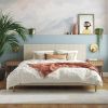 Mid-Century Off-White Velvet Upholstered Platform Bed Frame with Headboard
