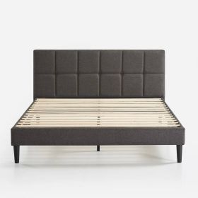 Grey Upholstered Platform Bed Frame with Padded Headboard (size: King)