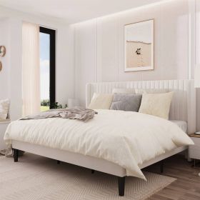 White Velvet Upholstered Platform Bed Frame with Wingback Headboard (size: King)