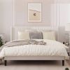 White Velvet Upholstered Platform Bed Frame with Wingback Headboard