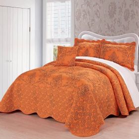 Orange Nectarine Damask Embroidered 4 Piece Oversized Bedspread Set (size: King)
