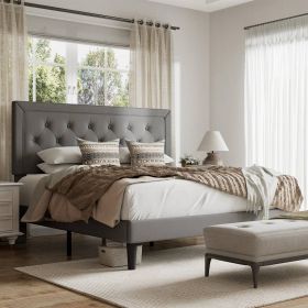 Upholstered Platform Bed Frame with Button-Tufted Headboard (Color: Grey Linen, size: Queen)