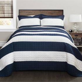 Navy White Stripe Cotton Lightweight Quilt Set (Color: Navy White, Option: 3 Piece, size: Full/Queen)