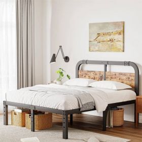 Heavy Duty Black Metal Bed Frame with Solid Wood Panel Headboard (size: Queen)