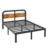 Heavy Duty Black Metal Bed Frame with Solid Wood Panel Headboard