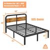 Heavy Duty Black Metal Bed Frame with Solid Wood Panel Headboard
