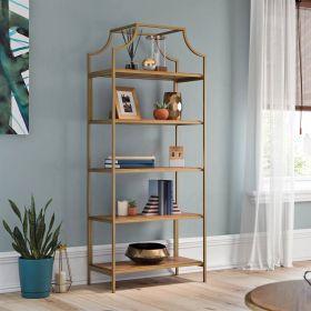 Elegant Gold Metal Display Rack Etagere Bookcase with 5 Wooden Storage Shelves (Color: Gold)