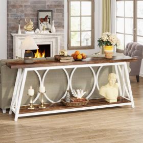 Industrial 70-inch Wood Top Sofa Table with Heavy Duty Black Metal Frame (Color: Brown, Option: White Metal)