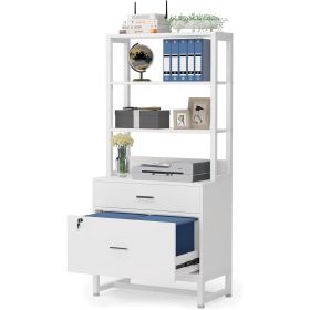 Home Office Lockable 2 Drawer Filing Cabinet Bookshelf in Wood Finish (Color: White)