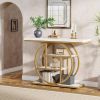Modern Round Metal Frame Foyer Console Table with White Faux Marble Shelves