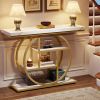 Modern Round Metal Frame Foyer Console Table with White Faux Marble Shelves