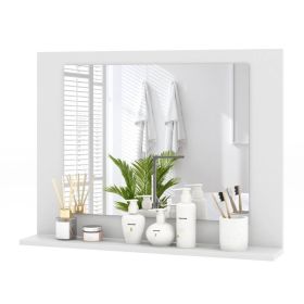 Rectangular Bathroom Mirror with Storage Shelf in Wood Finish (Color: White)