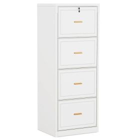 Vertical File Cabinet in Wood Finish with 4 Lockable Storage Drawers (Color: White)
