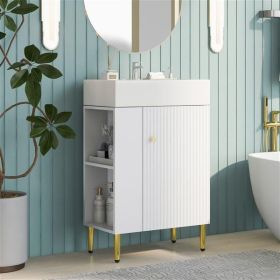 21.6" white Bathroom vanity, Combo Cabinet, Bathroom Storage Cabinet, Single Ceramic Sink (Option: Left Side Storage)