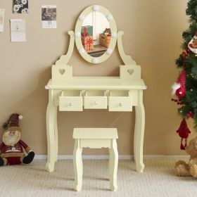 FCH Kids Vanity Set with Mirror and Lights and Stool, 5 Storage Drawers (Color: as picture)